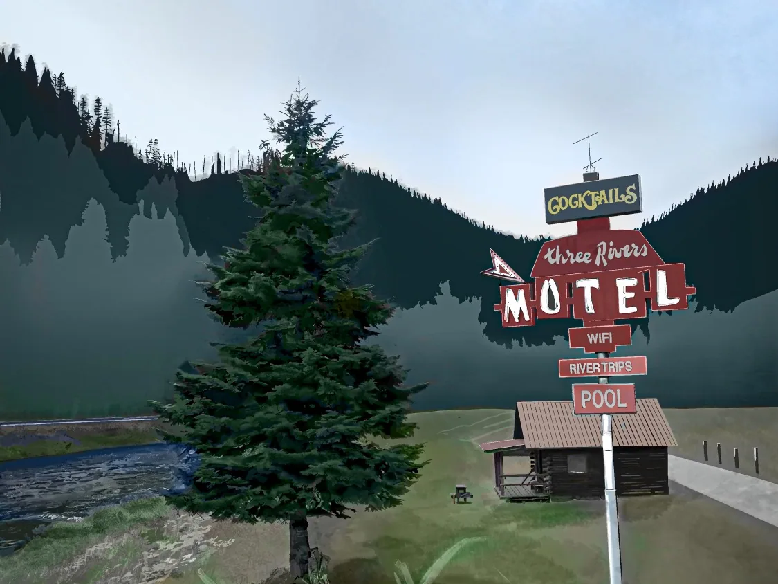 Digital painting of a roadside motel sign among pine trees