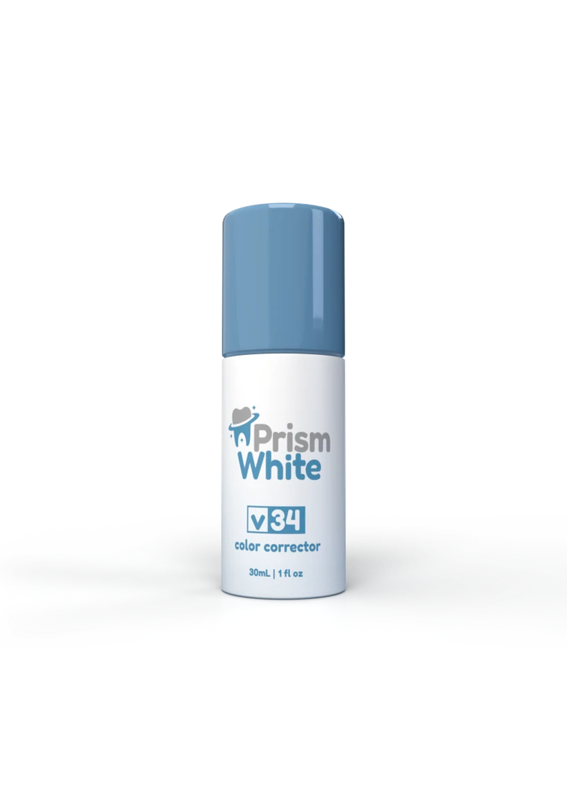 Prism White V34 color corrector bottle on a black background